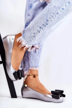 Discount Boto Damskie Gumowe Baleriny Z Kokardą Srebrne Florret