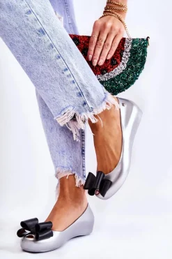 Discount Boto Damskie Gumowe Baleriny Z Kokardą Srebrne Florret