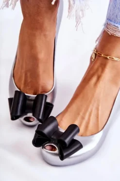 Discount Boto Damskie Gumowe Baleriny Z Kokardą Srebrne Florret