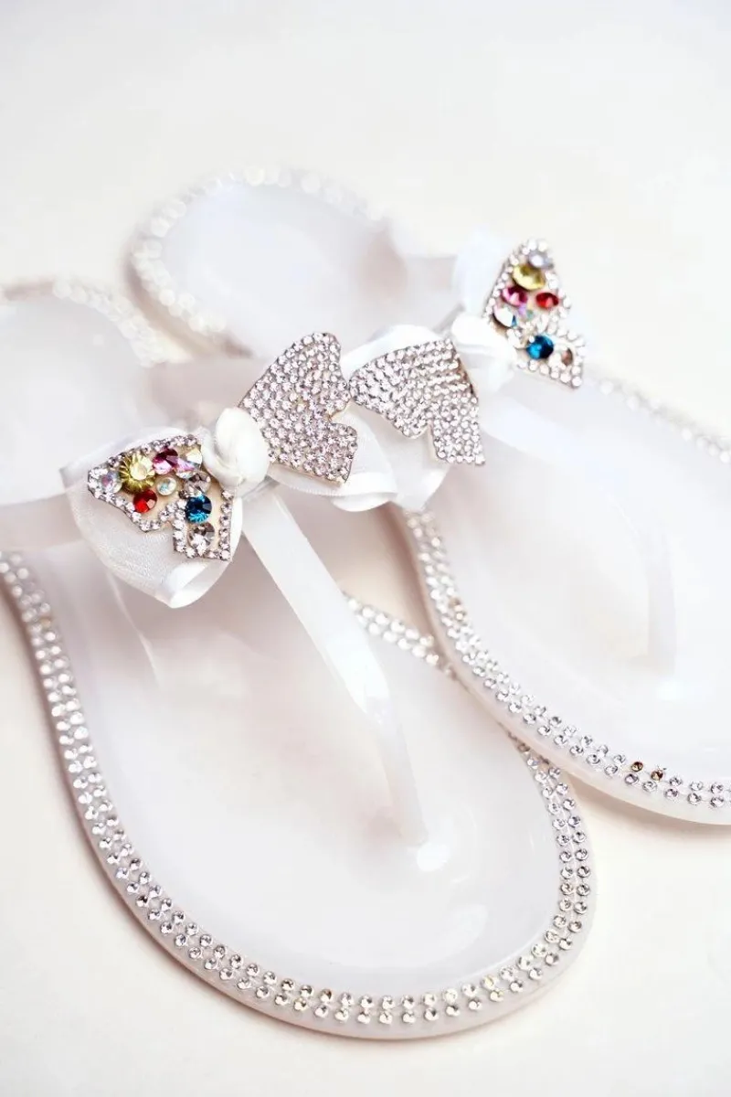 Klapki Damskie Japonki>Boto Damskie Gumowe Klapki Białe Japonki Cyrkonie Lissy