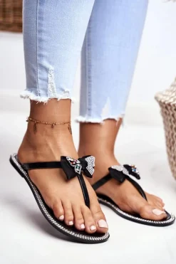 Hot Boto Damskie Gumowe Klapki Czarne Japonki Cyrkonie Lissy