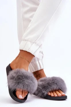 Boto Damskie Gumowe Klapki Z Futerkiem Szare Lucrece