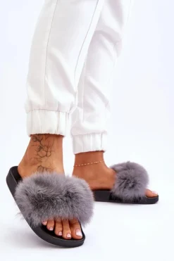 Boto Damskie Gumowe Klapki Z Futerkiem Szare Lucrece