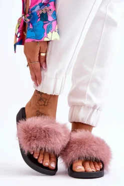 Outlet Damskie Gumowe Klapki Z Futerkiem Różowe Lucrece Damskie Klapki Z Futerkiem|Klapki Damskie Klasyczne