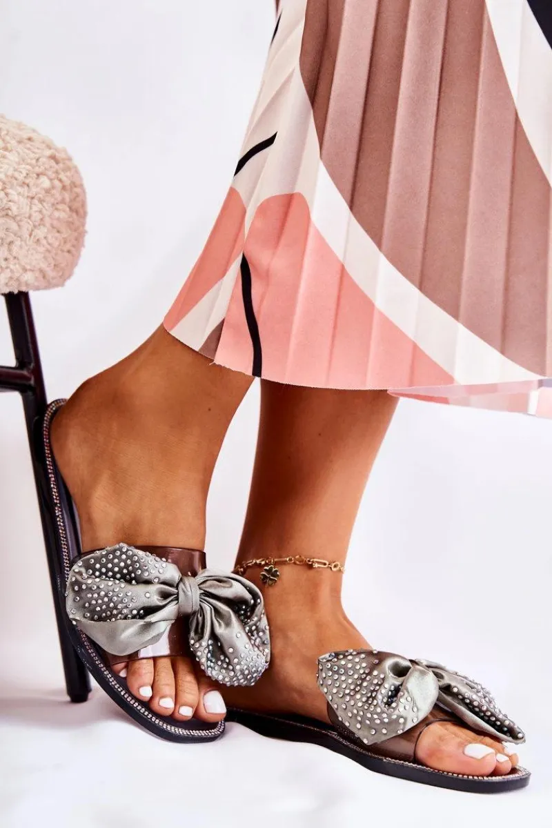 Best Damskie Gumowe Klapki Z Kokardą Czarno-Szare Meriden Damskie Klapki Damskie Klasyczne