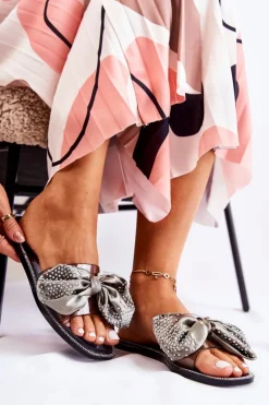 Best Damskie Gumowe Klapki Z Kokardą Czarno-Szare Meriden Damskie Klapki Damskie Klasyczne