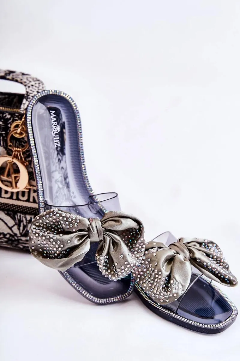 Best Damskie Gumowe Klapki Z Kokardą Czarno-Szare Meriden Damskie Klapki Damskie Klasyczne