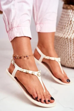 Sandały Gumowe|Sandały Płaskie></noscript>Boto Damskie Gumowe Sandałki Białe Japonki Perełki Denise