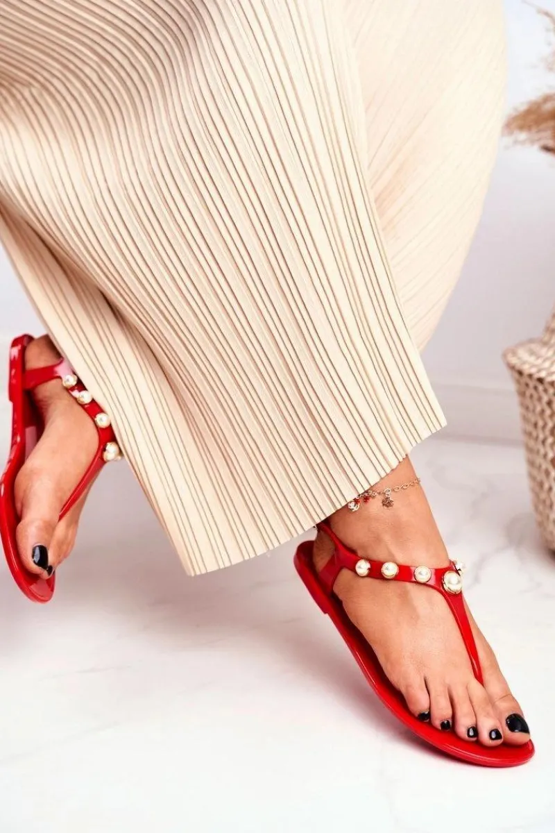 Best Damskie Gumowe Sandałki Czerwone Japonki Perełki Denise Damskie Sandały Gumowe|Sandały Płaskie