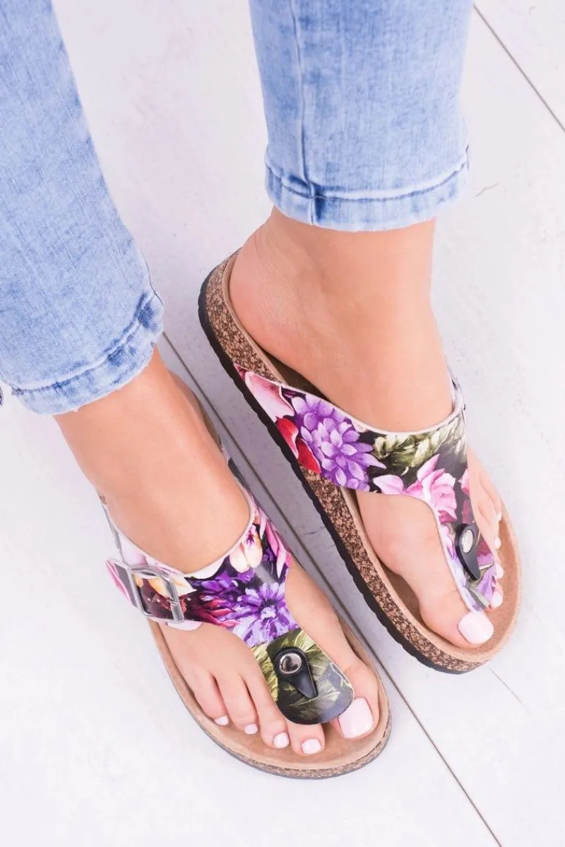 Best Damskie Japonki Klapki na Korku W Kwiaty Florines Damskie Klapki Korkowe|Klapki Damskie Japonki