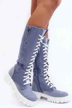 Damskie Jeansowe Ocieplane Kozaki Ze Sznurowaniem Niebieskie Cresanta Damskie Kozaki Wiosenne|Kozaki Płaskie