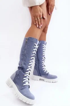 Damskie Jeansowe Ocieplane Kozaki Ze Sznurowaniem Niebieskie Cresanta Damskie Kozaki Wiosenne|Kozaki Płaskie