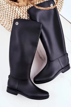 Kalosze Damskie>Boto Damskie Kalosze Pod Kolano Czarne Oficerki Gumowe Drizzle