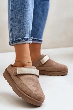 Boto Damskie Kapcie Ocieplane Futerkiem Na Platformie Brązowe Azida Brązowy