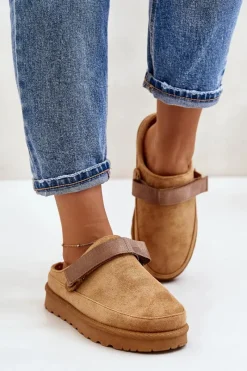 New Boto Damskie Kapcie Ocieplane Futerkiem Na Platformie Camel Azida Brązowy