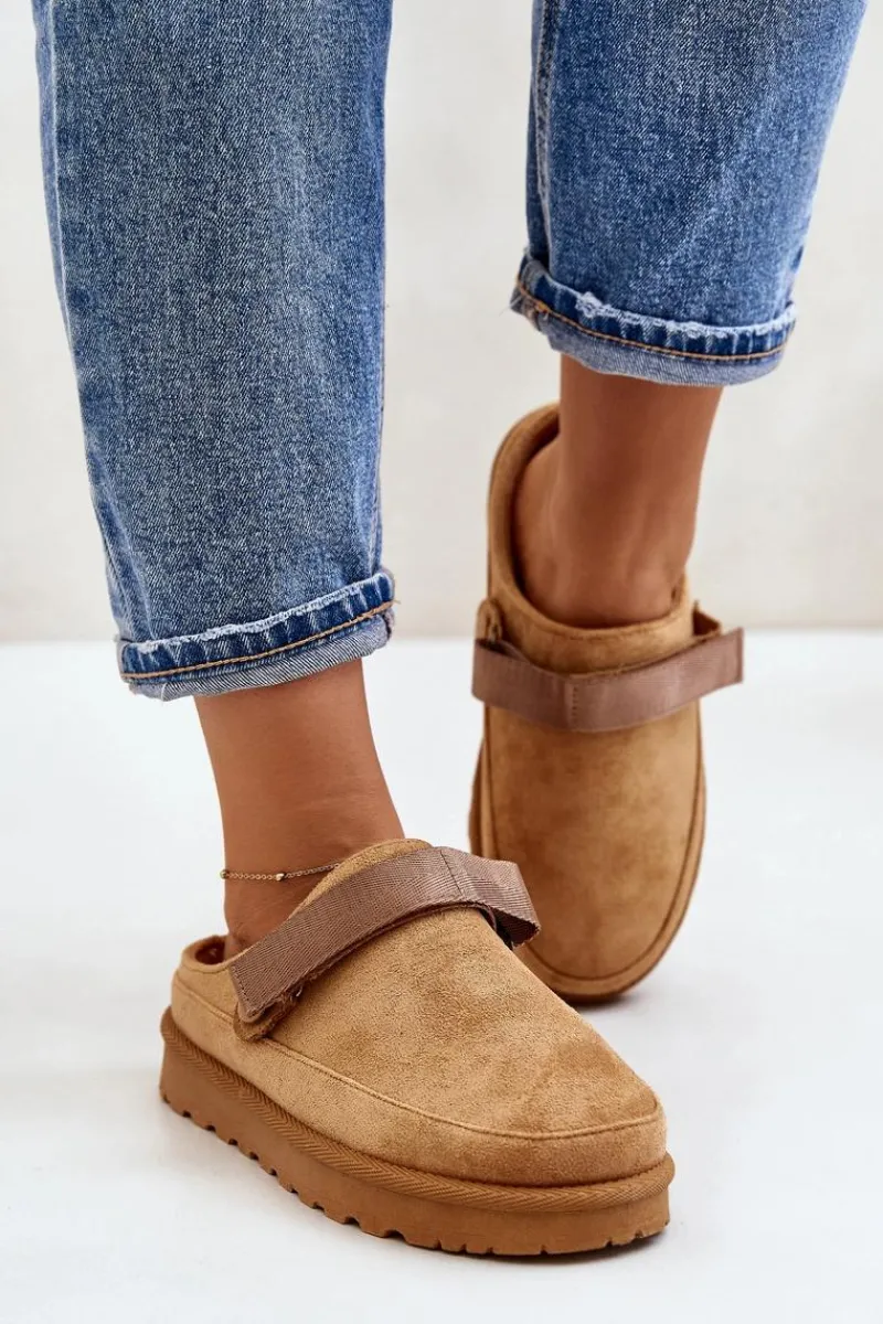 New Boto Damskie Kapcie Ocieplane Futerkiem Na Platformie Camel Azida Brązowy