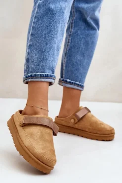 New Boto Damskie Kapcie Ocieplane Futerkiem Na Platformie Camel Azida Brązowy