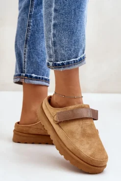 New Boto Damskie Kapcie Ocieplane Futerkiem Na Platformie Camel Azida Brązowy