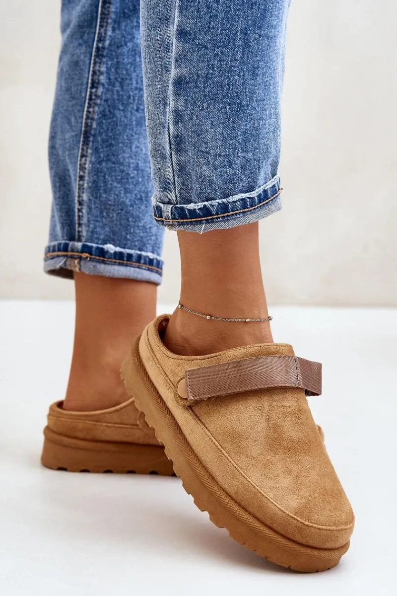 New Boto Damskie Kapcie Ocieplane Futerkiem Na Platformie Camel Azida Brązowy