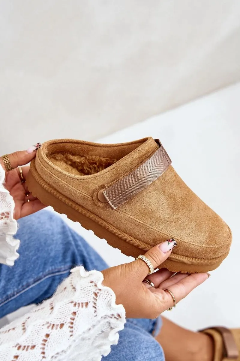 New Boto Damskie Kapcie Ocieplane Futerkiem Na Platformie Camel Azida Brązowy