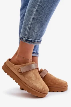 New Boto Damskie Kapcie Ocieplane Futerkiem Na Platformie Camel Azida Brązowy