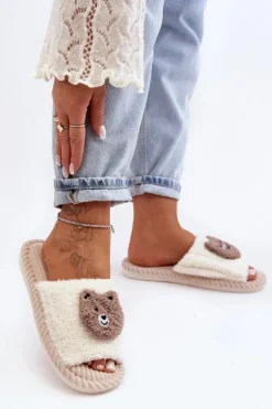 Clearance Damskie Kapcie Z Misiem Beżowe Lavetire Damskie Kapcie Klasyczne