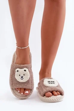 Outlet Damskie Kapcie Z Misiem Brązowe Lavetire Damskie Kapcie Klasyczne