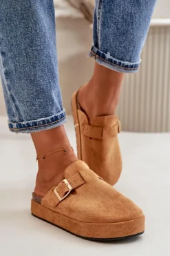 Discount Boto Damskie Klapki Chodaki Na Platformie Ze Złotą Klamrą Camel Terilaina Brązowy