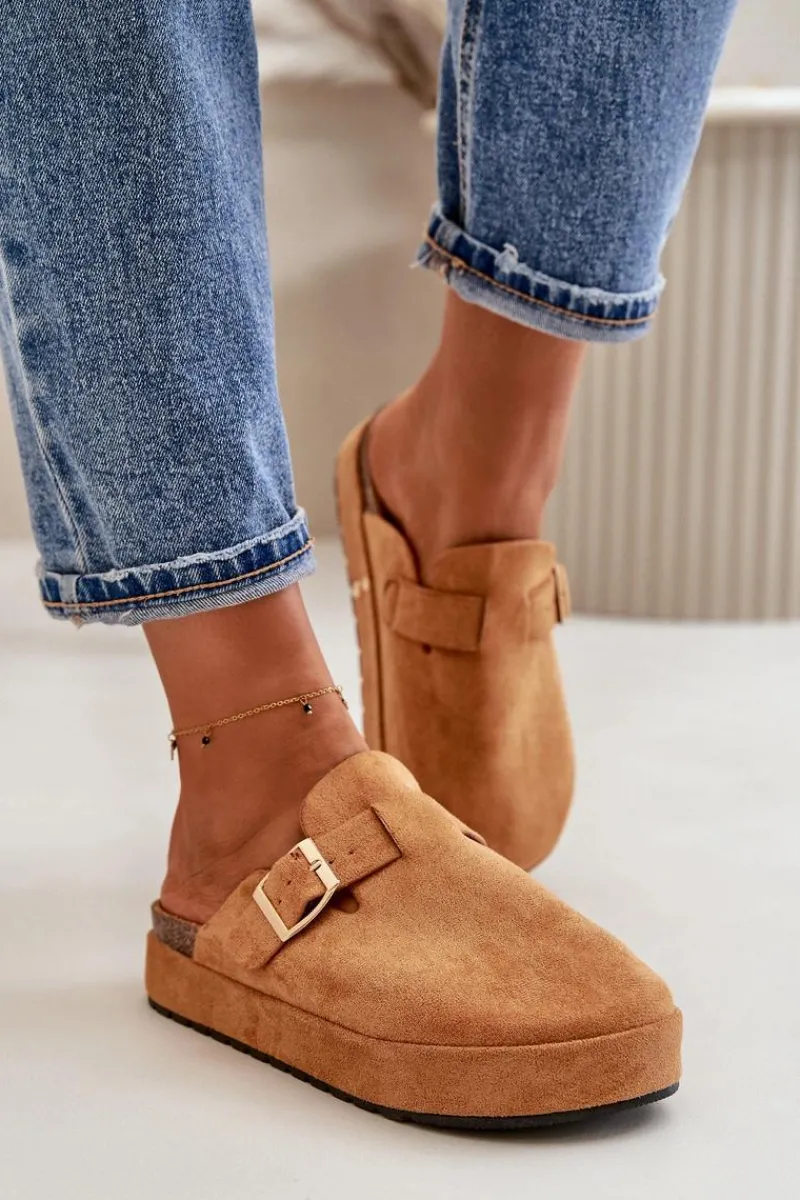 Discount Boto Damskie Klapki Chodaki Na Platformie Ze Złotą Klamrą Camel Terilaina Brązowy