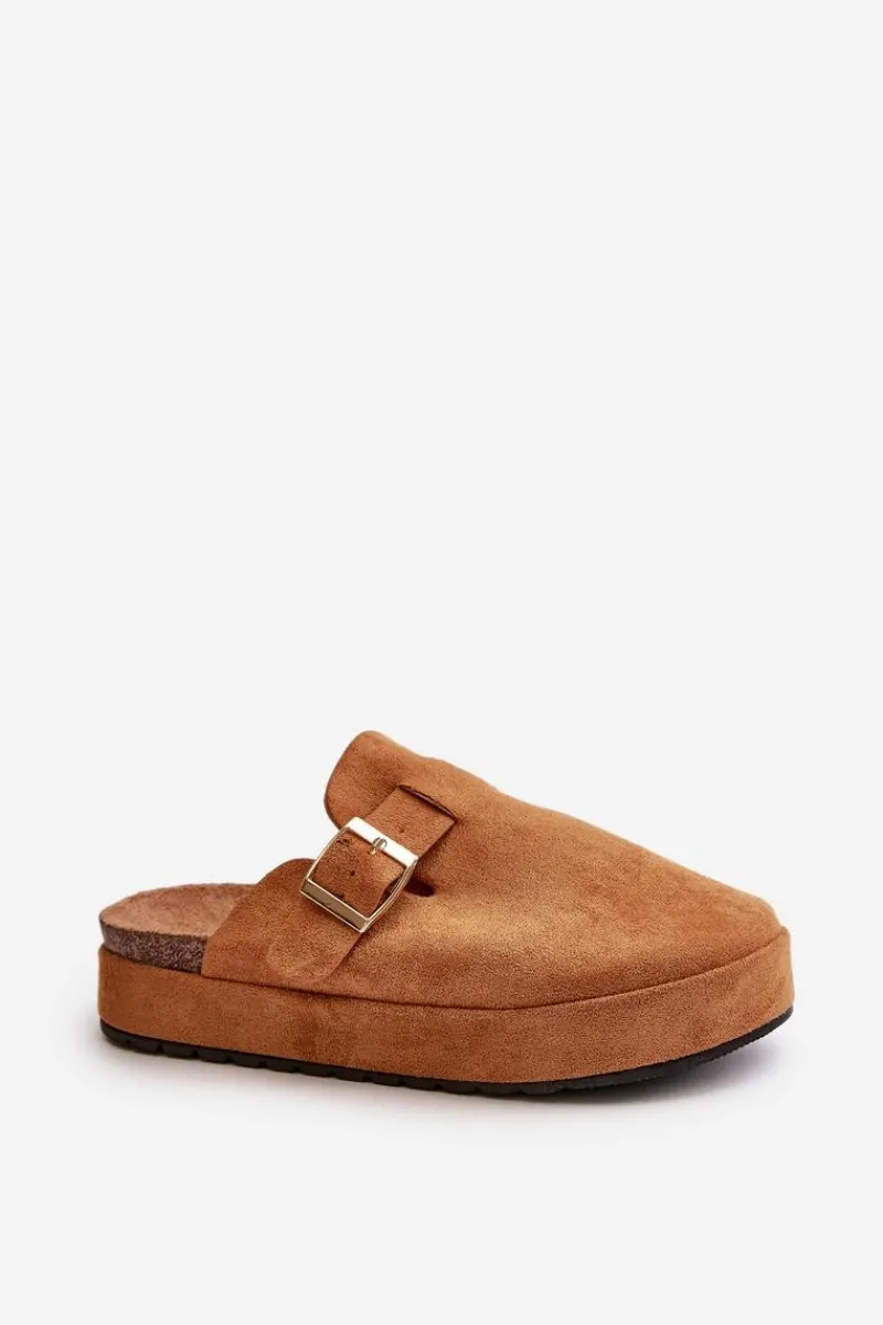 Discount Boto Damskie Klapki Chodaki Na Platformie Ze Złotą Klamrą Camel Terilaina Brązowy