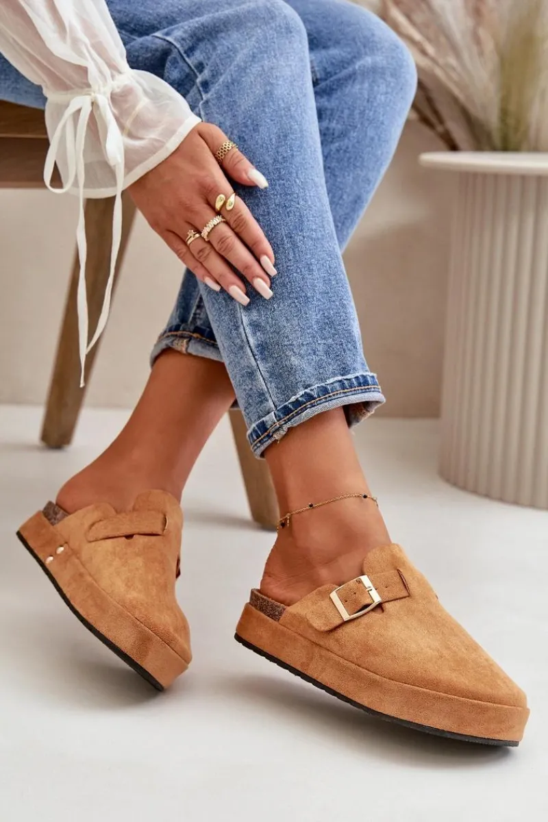 Discount Boto Damskie Klapki Chodaki Na Platformie Ze Złotą Klamrą Camel Terilaina Brązowy