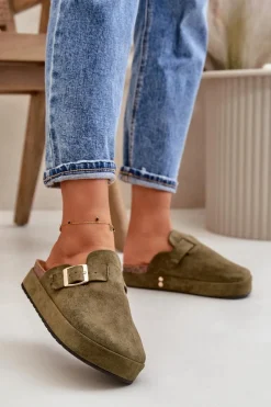 Online Boto Damskie Klapki Chodaki Na Platformie Ze Złotą Klamrą Ciemnozielone Terilaina