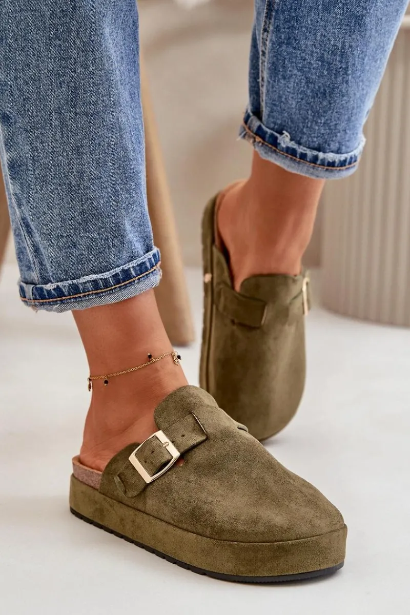 Online Boto Damskie Klapki Chodaki Na Platformie Ze Złotą Klamrą Ciemnozielone Terilaina