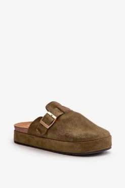 Online Boto Damskie Klapki Chodaki Na Platformie Ze Złotą Klamrą Ciemnozielone Terilaina