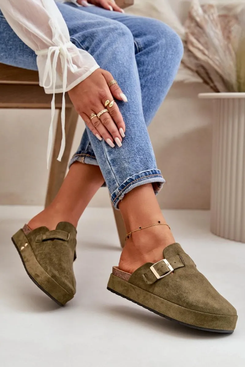 Online Boto Damskie Klapki Chodaki Na Platformie Ze Złotą Klamrą Ciemnozielone Terilaina