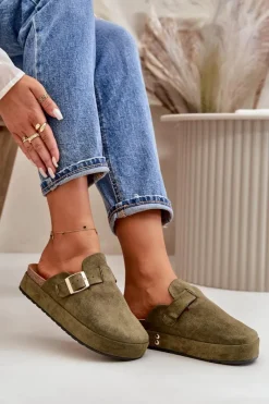 Online Boto Damskie Klapki Chodaki Na Platformie Ze Złotą Klamrą Ciemnozielone Terilaina