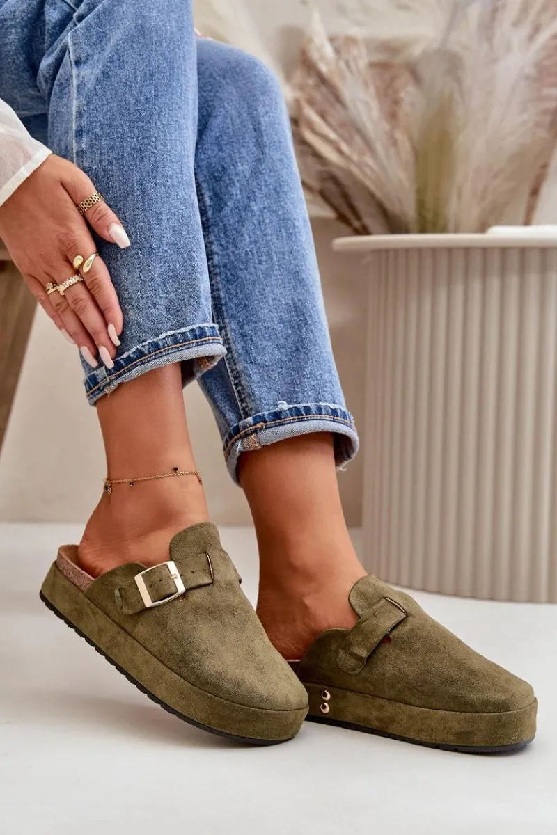 Online Boto Damskie Klapki Chodaki Na Platformie Ze Złotą Klamrą Ciemnozielone Terilaina