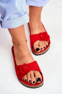 Boto Damskie Klapki Czerwone Sprzączka Regulacja Rosaline