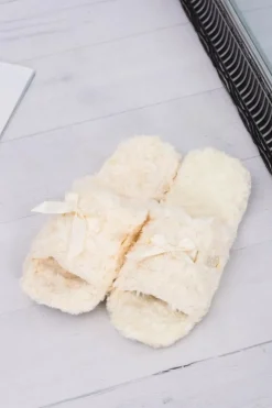 Outlet Damskie Klapki Domowe Beżowe Papcie ze Wstążką Damskie Kapcie Klasyczne