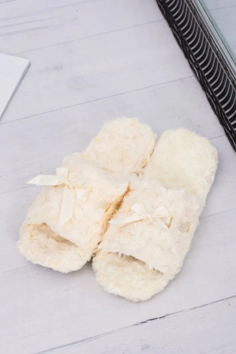 Outlet Damskie Klapki Domowe Beżowe Papcie ze Wstążką Damskie Kapcie Klasyczne