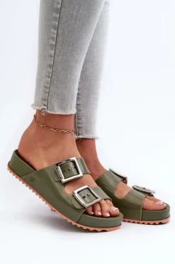 Sale Damskie Klapki Gładkie NN285057 Ciemnozielone Damskie Klapki Damskie Klasyczne