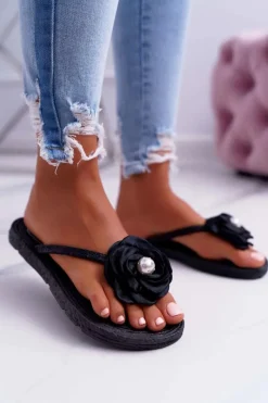 Klapki Damskie Japonki>Boto Damskie Klapki Japonki Czarne Kwiat Brokat Elenda