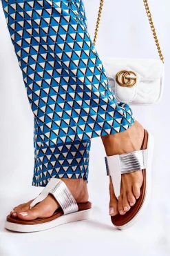 Klapki Damskie Big Star|Klapki Damskie Japonki></noscript>Boto Damskie Klapki Japonki Na Platformie Biało-Srebrne Morissa