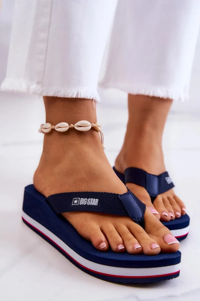 Hot Big Star Shoes Damskie Klapki Japonki Na Koturnie Big Star JJ274A331 Granatowe Niebieski
