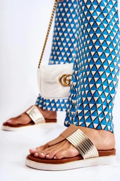 Damskie Klapki Japonki Na Platformie Beżowo-Złote Morissa Damskie Klapki Damskie Big Star|Klapki Damskie Japonki