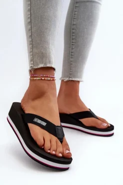 Clearance Big Star Shoes Damskie Klapki Japonki Na Koturnie Big Star JJ274A332 Czarne Czarny