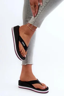 Clearance Big Star Shoes Damskie Klapki Japonki Na Koturnie Big Star JJ274A332 Czarne Czarny