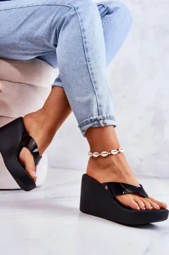 Damskie Klapki Japonki Na Koturnie HH285292 Czarne Damskie Klapki Na Koturnie|Klapki Na Obcasie