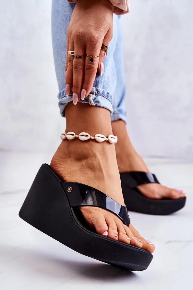 Damskie Klapki Japonki Na Koturnie HH285292 Czarne Damskie Klapki Na Koturnie|Klapki Na Obcasie