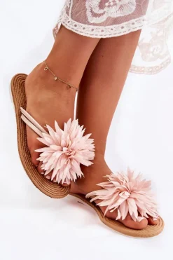 Clearance Boto Damskie Klapki Japonki Z Materiałową Ozdobą Jasnoróżowe Eviana